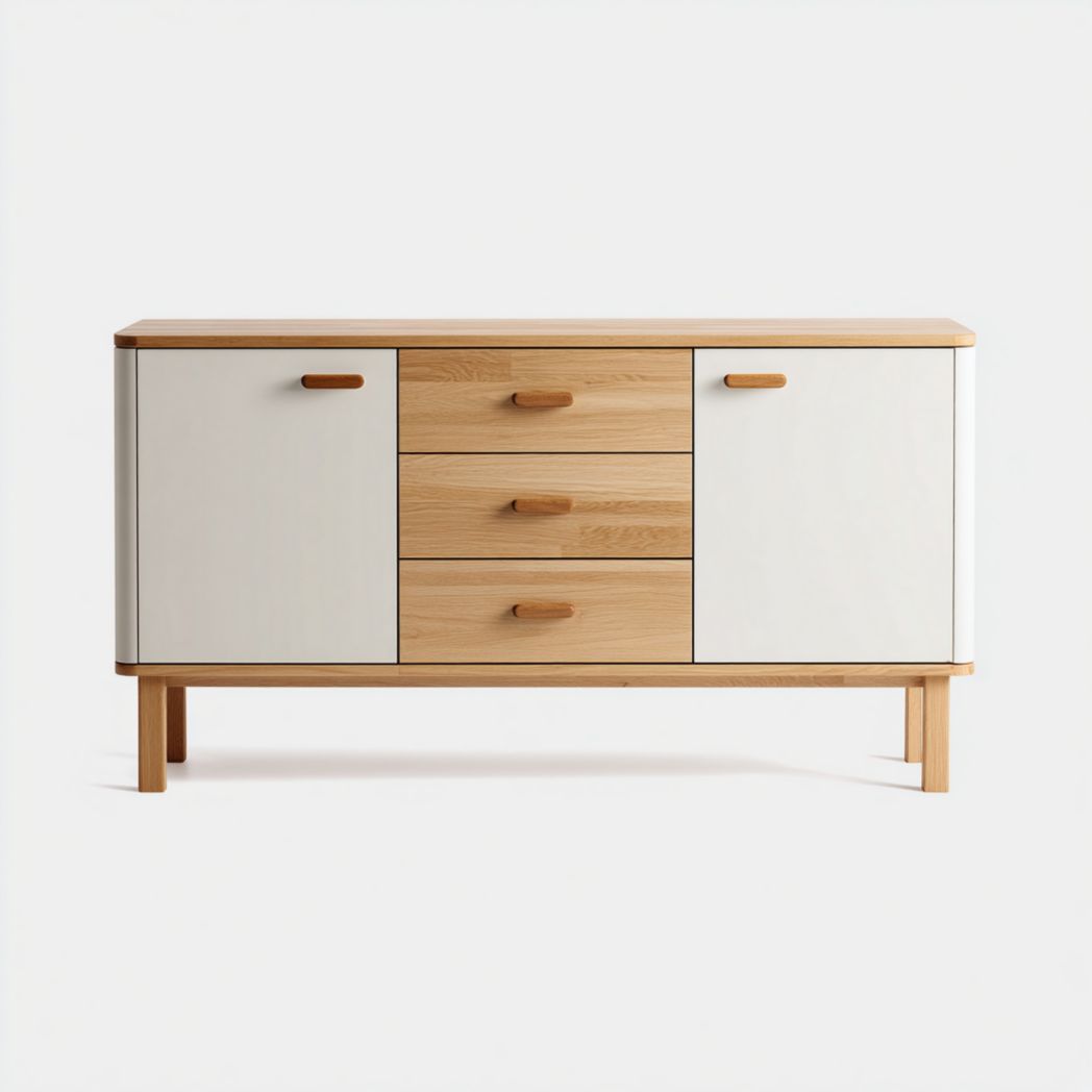 Buffet assorti de couleur blanche et marron clair, armoire de rangement à deux portes et trois tiroirs avec pieds en bois massif