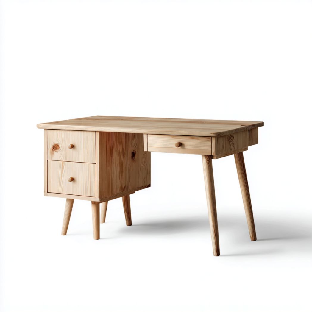Bureau rectangulaire en bois massif brun clair avec pieds coniques et tiroirs latéraux