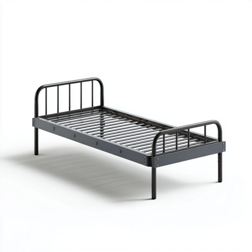 Lit simple gris foncé avec tête et pied de lit en tubes ronds, sans matelas