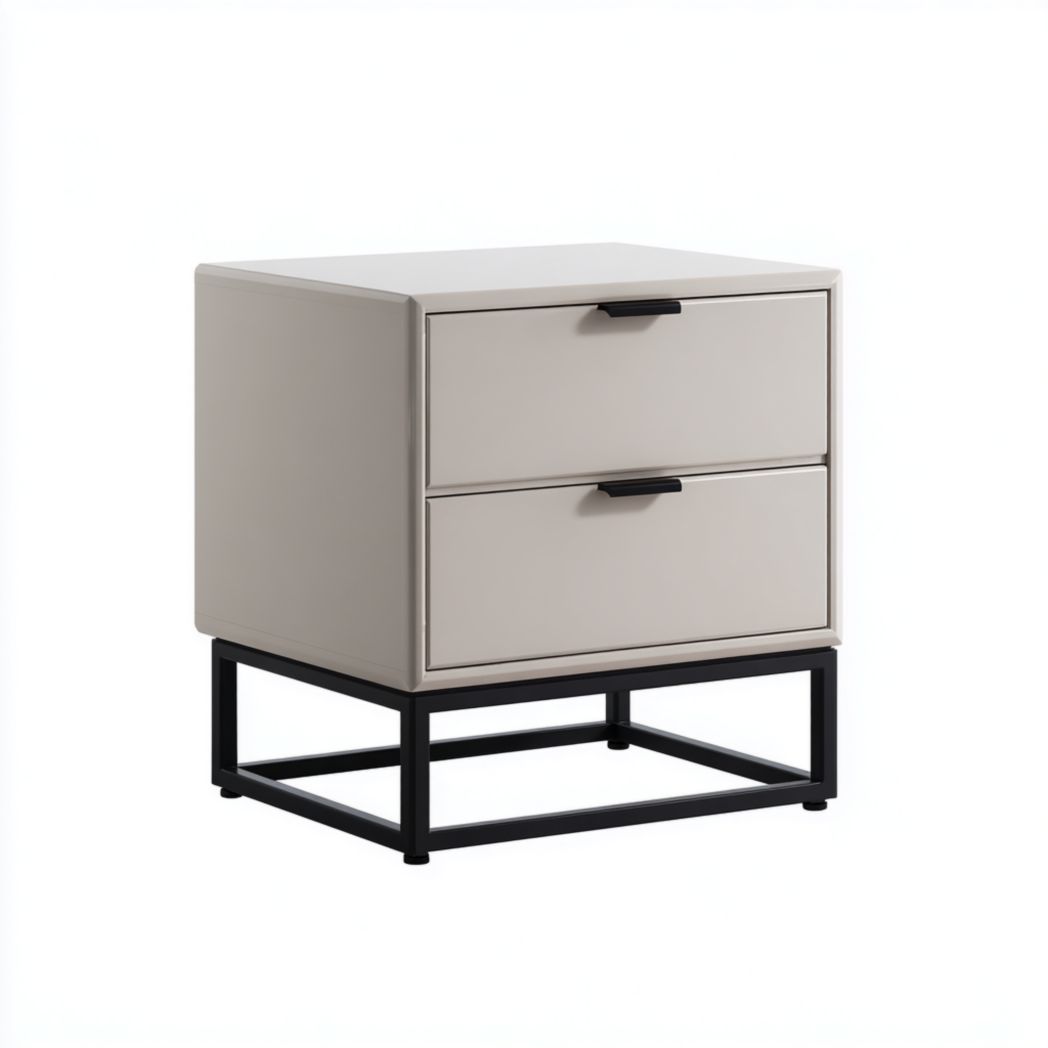 Table de chevet gris-beige avec deux tiroirs et cadre noir