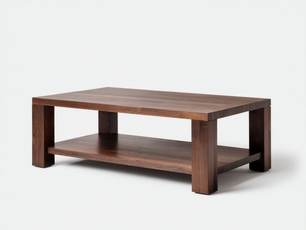 Table basse rectangulaire en bois massif marron foncé avec étagère inférieure