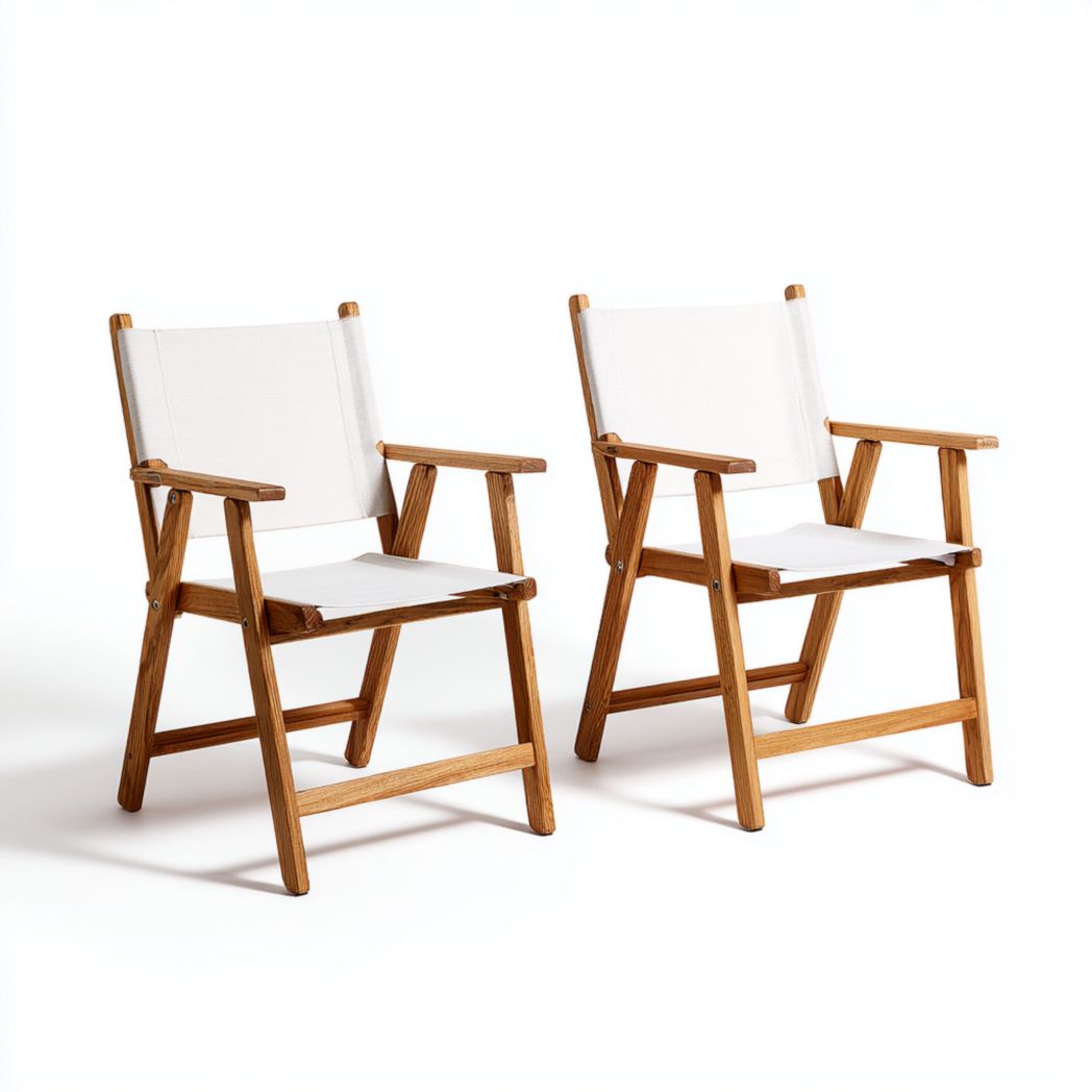 Ensemble de deux chaises de jardin en bois marron clair et toile blanche avec accoudoirs