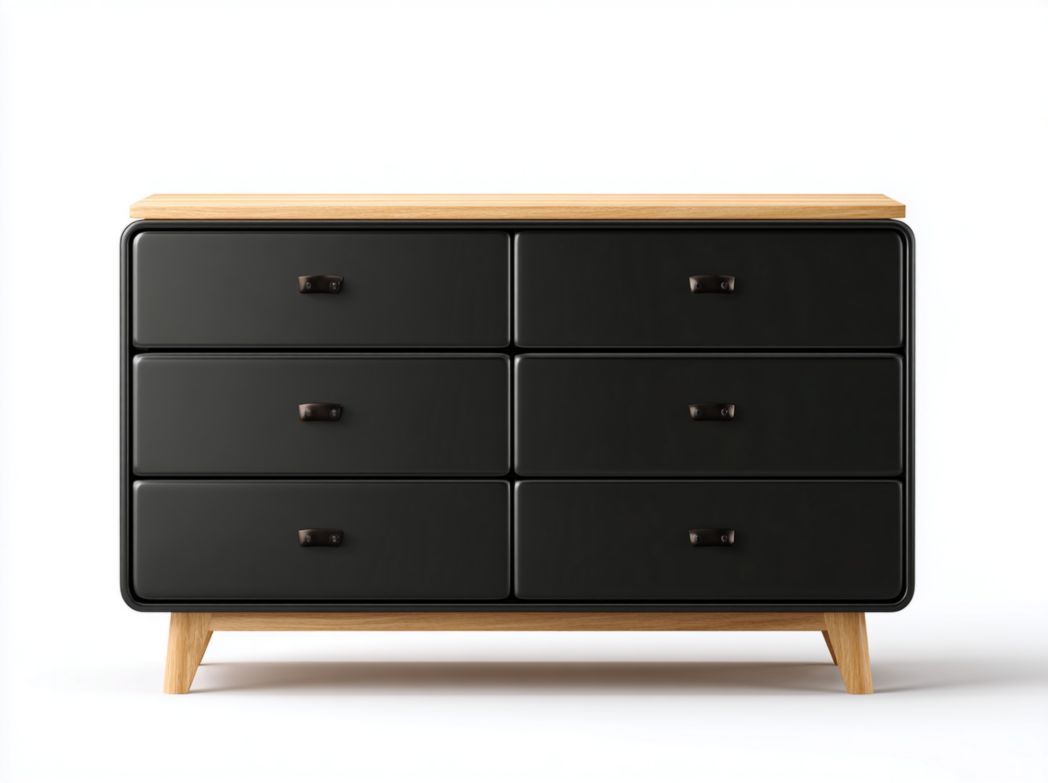 Commode noire, six tiroirs, plateau et pieds en bois marron clair