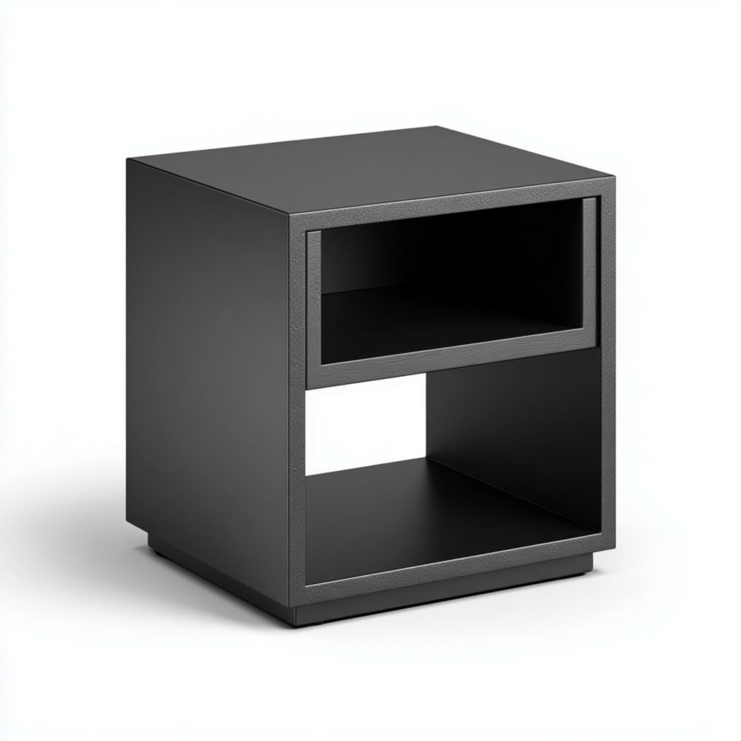 Table de chevet en métal noir avec compartiments ouverts