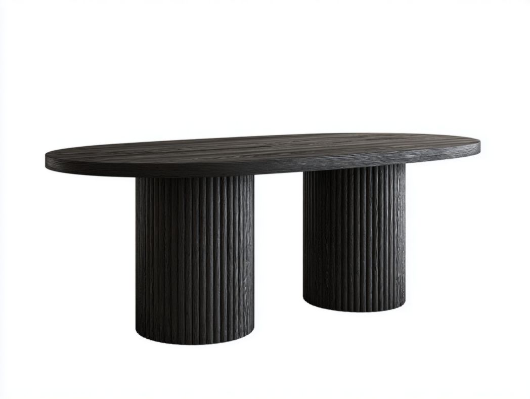 Table basse ovale en bois massif noir avec double base cylindrique