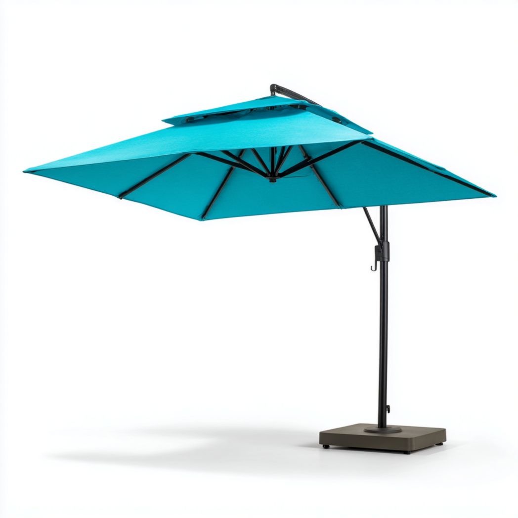Parasol suspendu bleu lagon avec cadre noir et base grise
