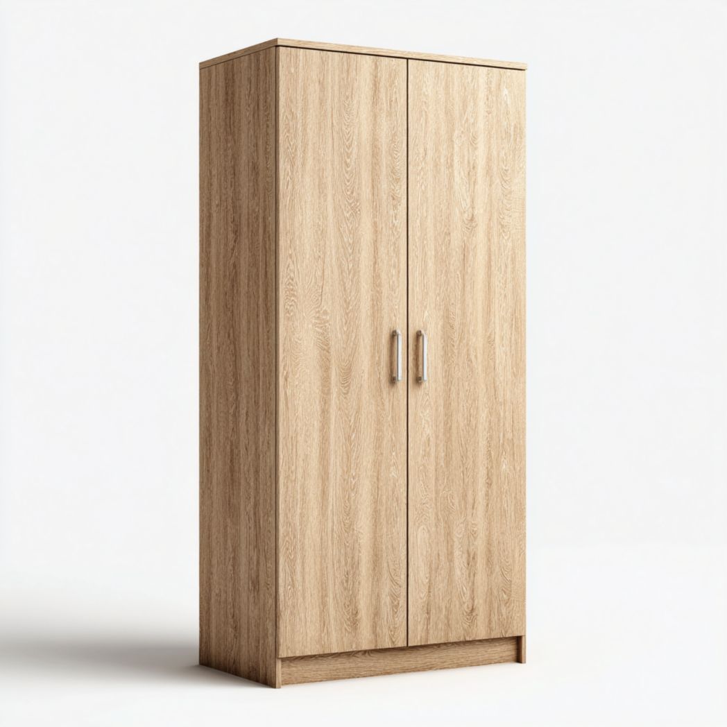 Armoire à deux portes en MDF marron clair avec poignées en métal gris argenté