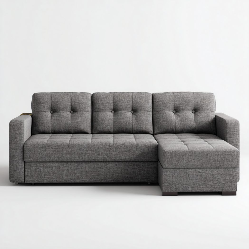 Canapé d'angle en tissu gris foncé avec pieds noirs