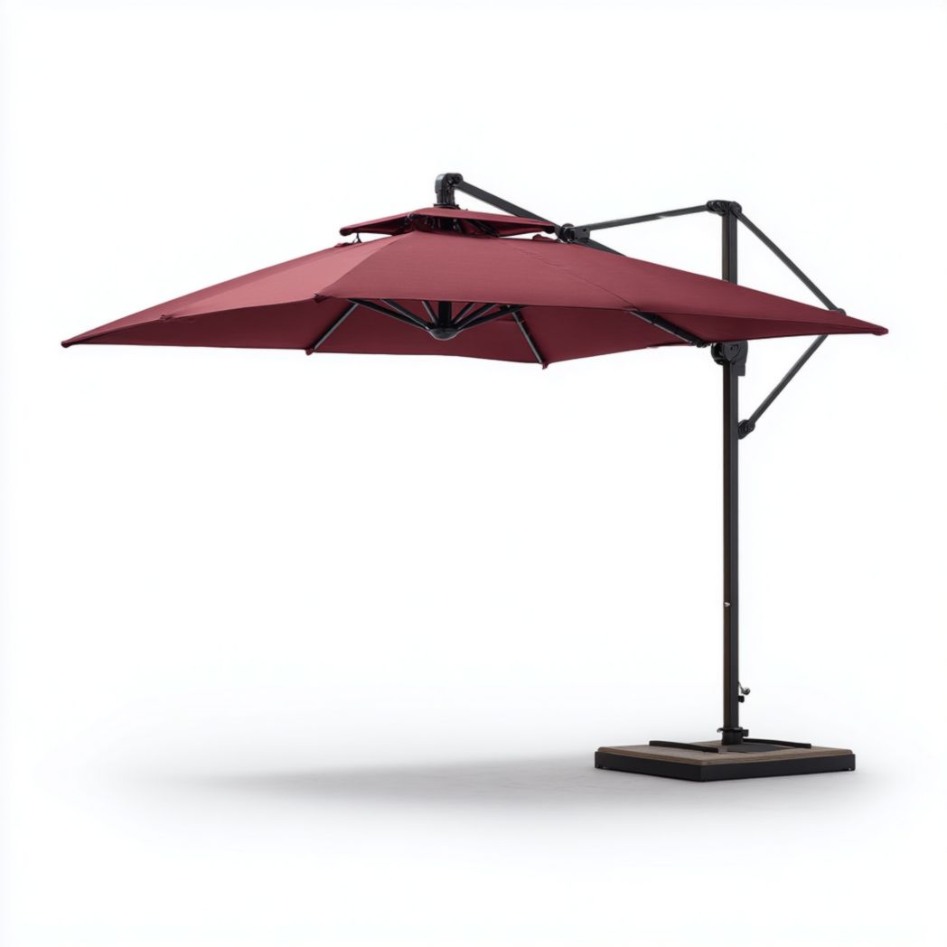 Parasol suspendu bordeaux avec cadre noir, base de cadre noire et dessus marron clair