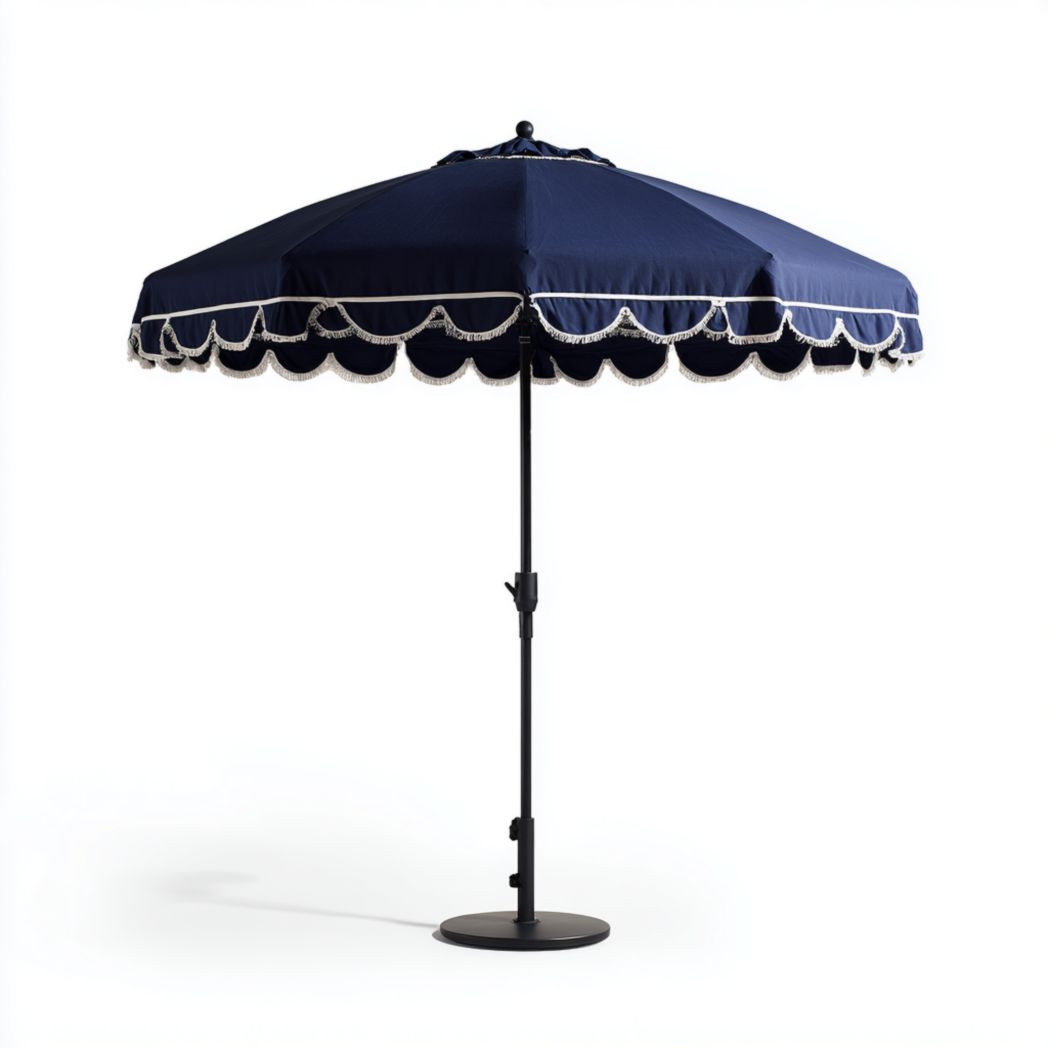 Parasol bleu marine avec cadre blanc et mât noir