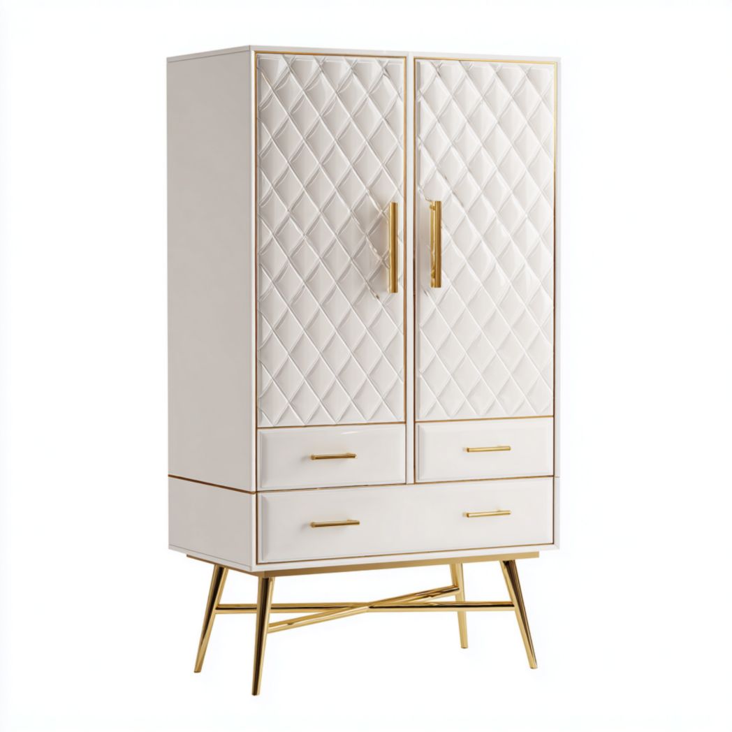 Armoire deux portes et deux tiroirs en MDF beige avec pieds, poignées et garnitures dorés