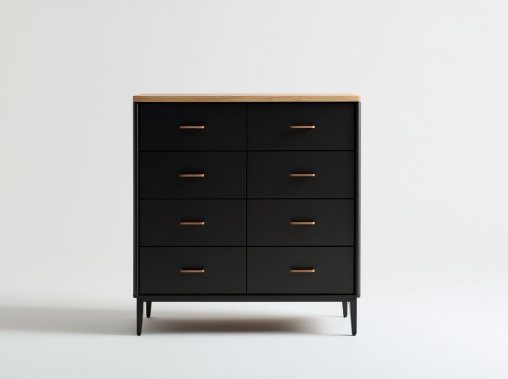 Commode noire, huit tiroirs, plateau et poignées marron clair
