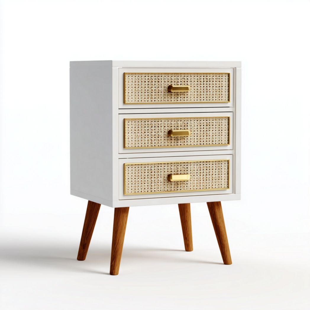 Table de chevet blanche, bois massif, rotin beige, 3 tiroirs, poignées dorées