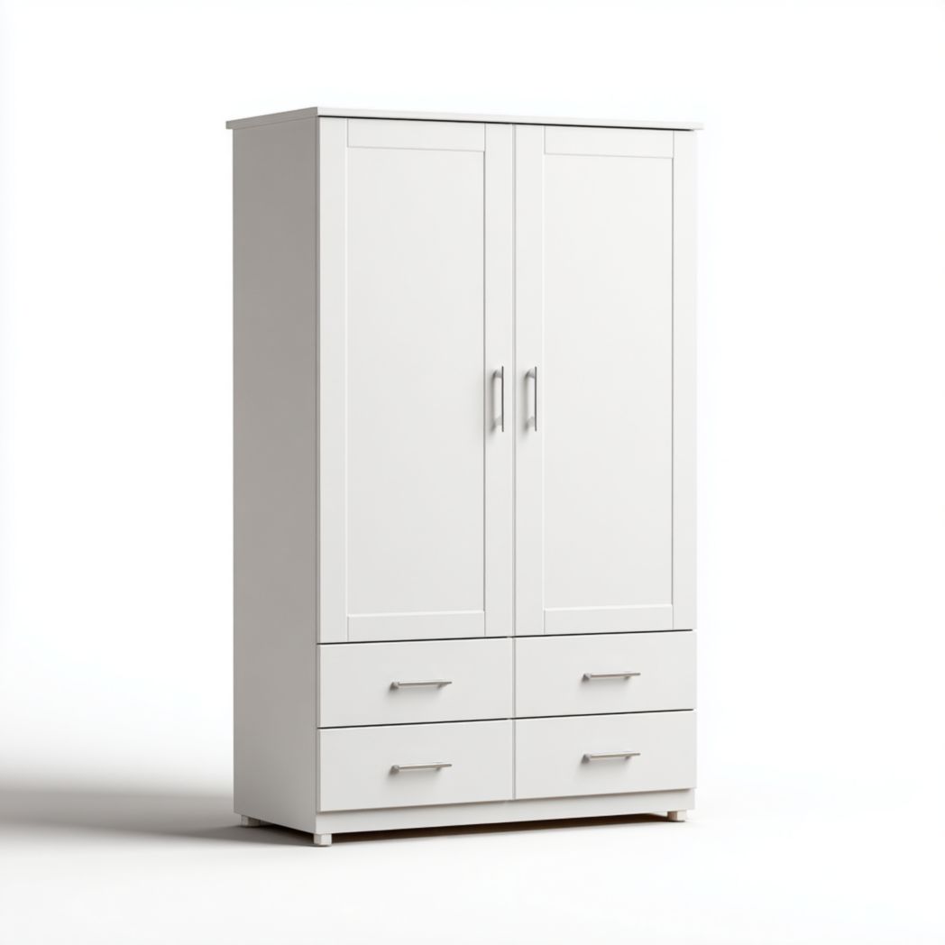 Armoire blanche à deux portes et quatre tiroirs en MDF avec poignées en métal gris argenté