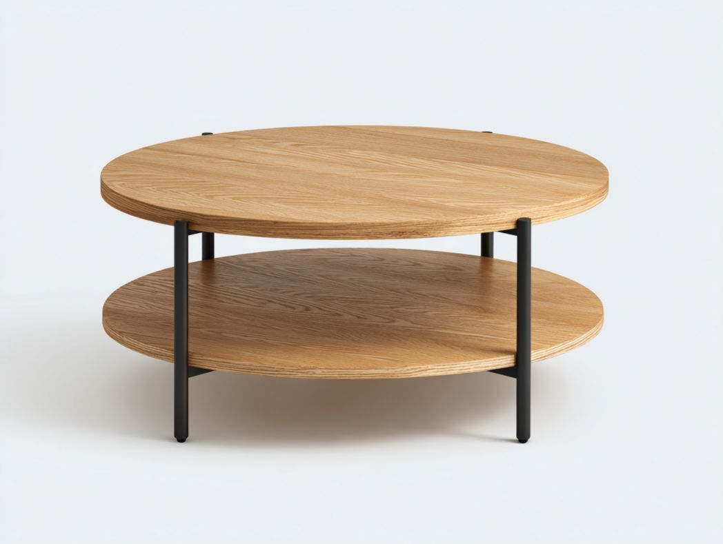 Table basse ronde en bois marron clair avec deux plateaux et un cadre en métal noir