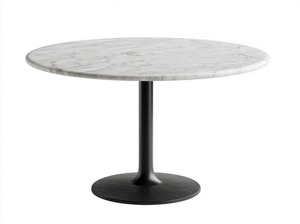 Table à manger ronde en marbre avec plateau blanc cassé et base noire