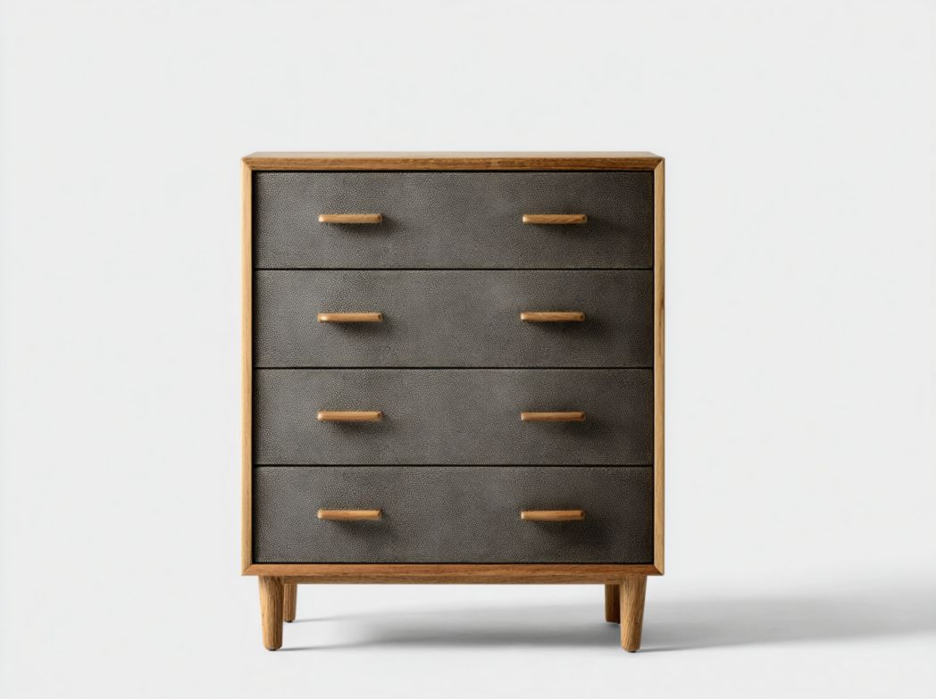 Commode en bois marron clair avec quatre tiroirs gris et poignées en bois marron clair