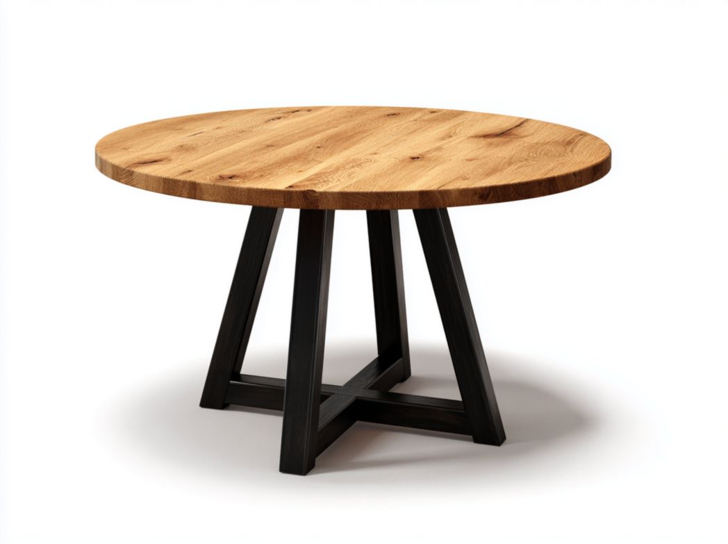 Table à manger ronde en bois massif avec plateau marron clair et base noire