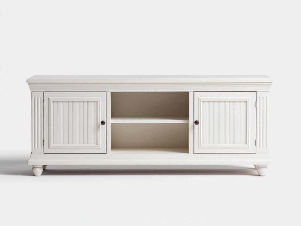 Meuble TV blanc avec deux portes et étagère centrale ouverte