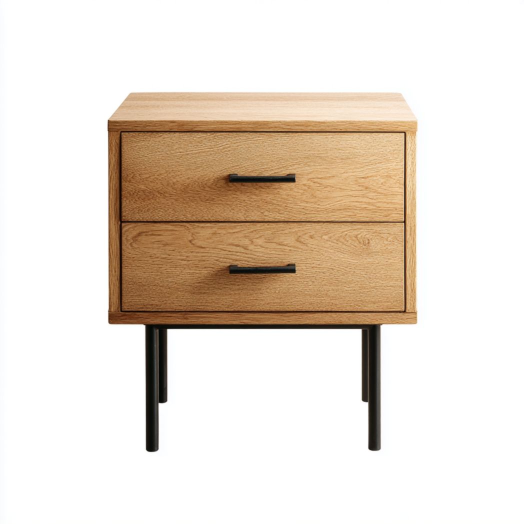 Table de chevet à deux tiroirs marron clair avec pieds et poignées noirs