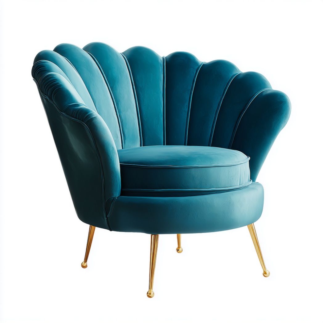 Fauteuil coque en velours bleu paon avec pieds en métal doré