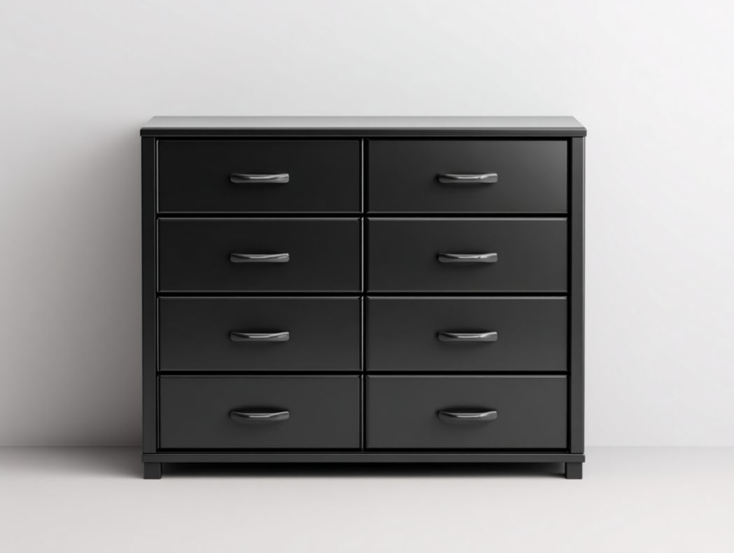 Commode en bois noir avec huit tiroirs et poignées en métal gris foncé