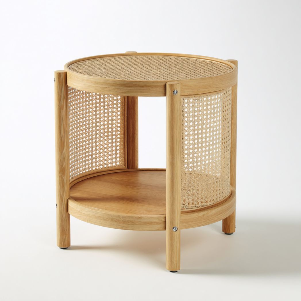 Table de chevet ronde en bois marron clair et rotin