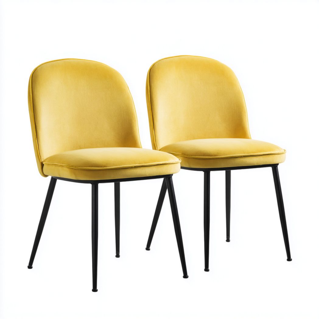 Deux chaises de salle à manger en tissu jaune avec pieds en métal noir