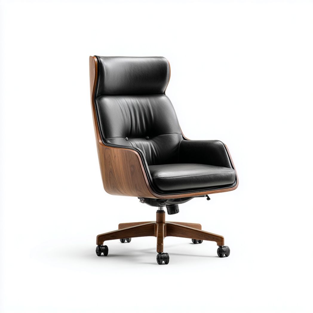 Chaise de bureau pivotante à dossier haut, cuir noir avec coque et base marron