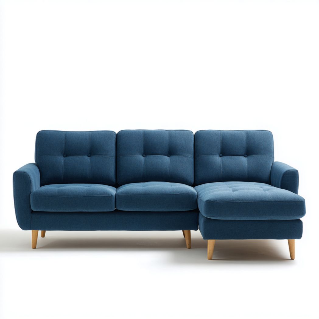 Canapé d'angle en tissu bleu, méridienne droite, pieds en chêne clair