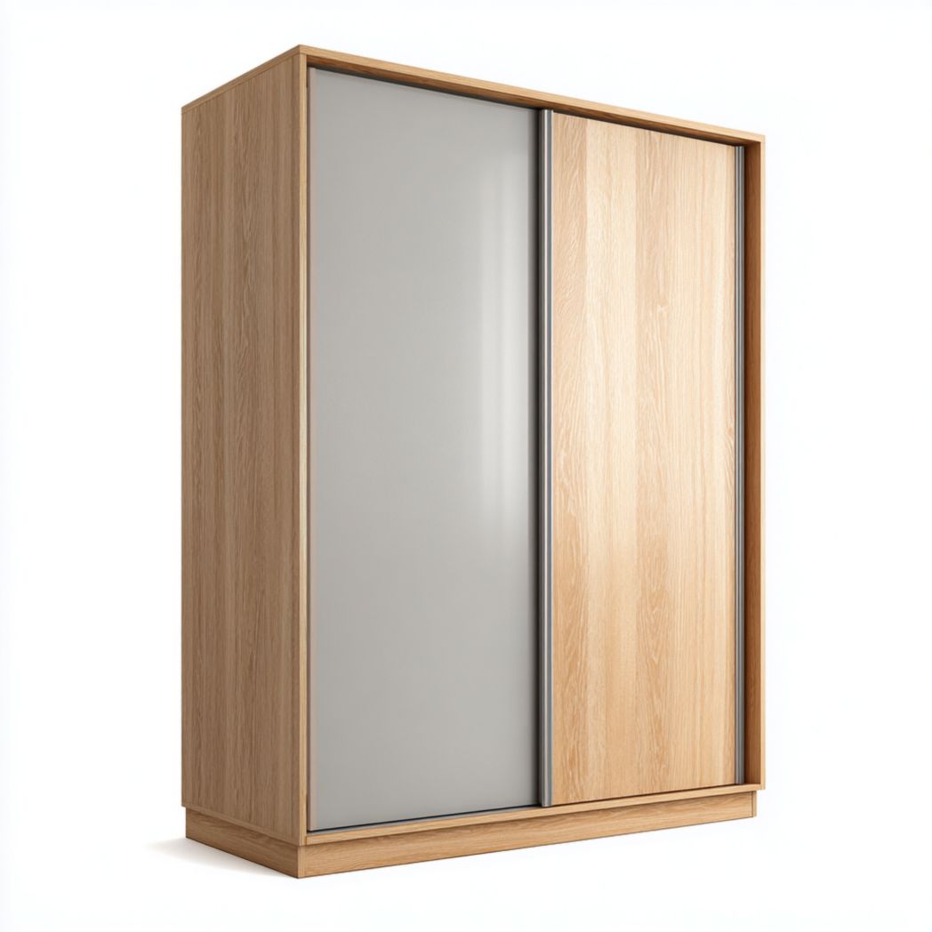 Armoire à portes coulissantes en MDF marron clair et gris clair avec façade bicolore