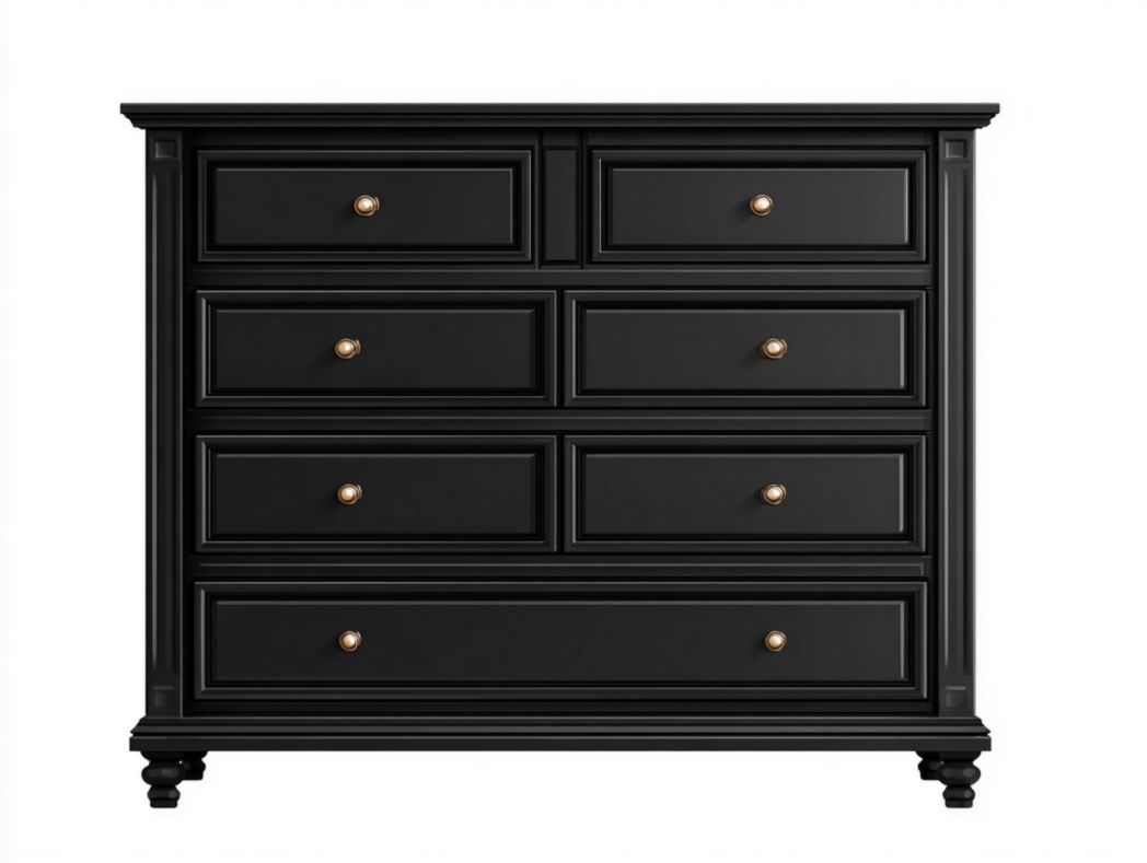 Commode en bois noir à sept tiroirs et poignées en métal doré
