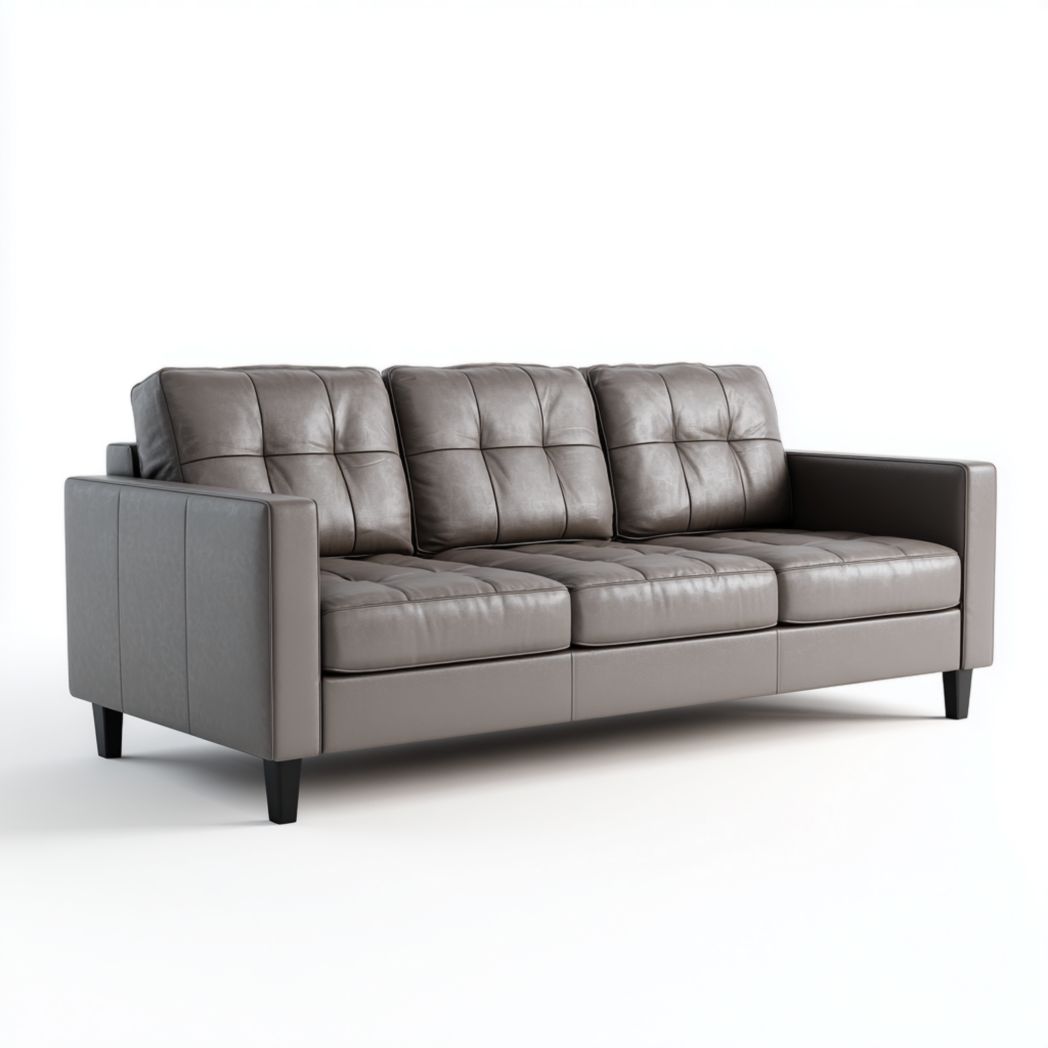 Canapé trois places en cuir synthétique marron-gris avec pieds en bois noir