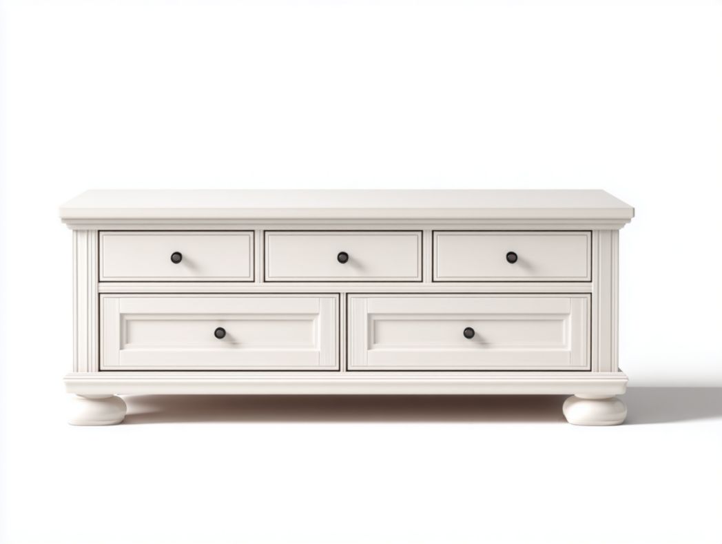 Meuble TV blanc avec plusieurs tiroirs de rangement