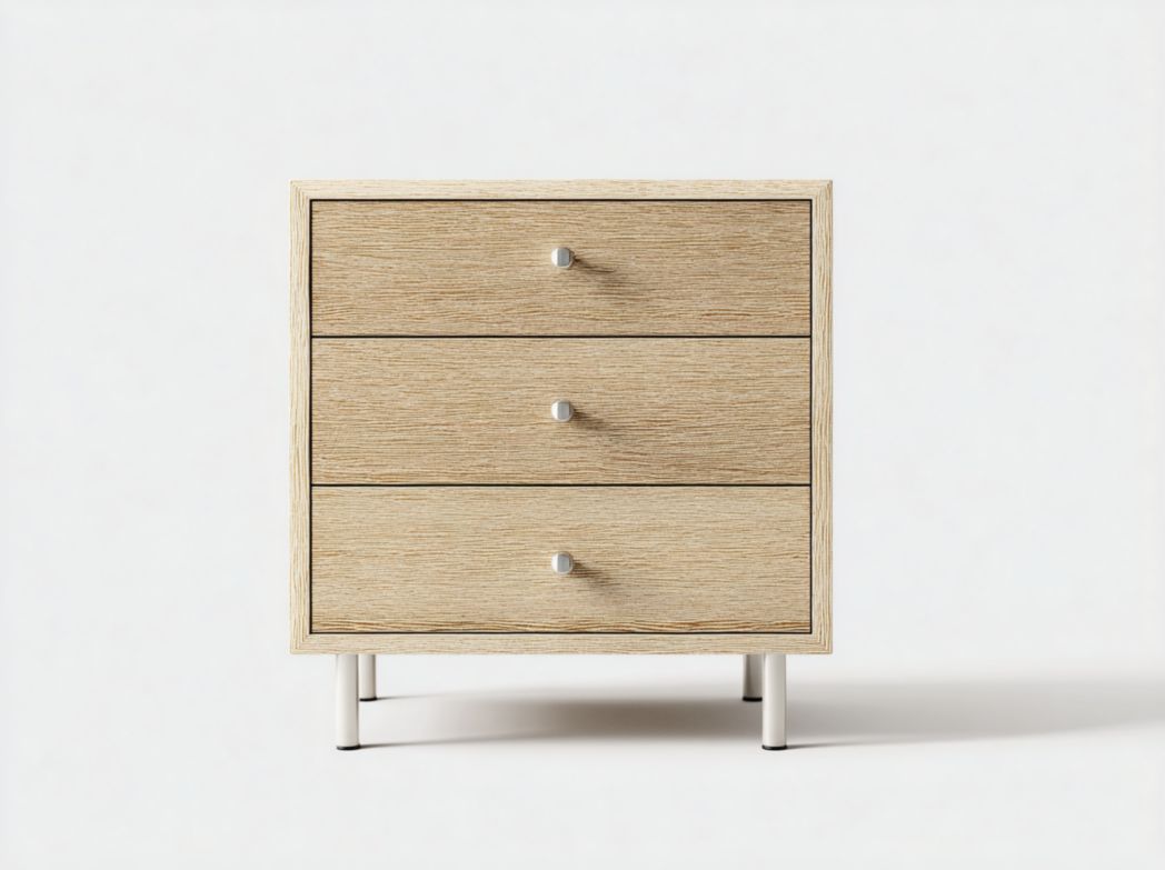 Commode en bois marron clair avec trois tiroirs, poignées en métal argenté et pieds en métal blanc