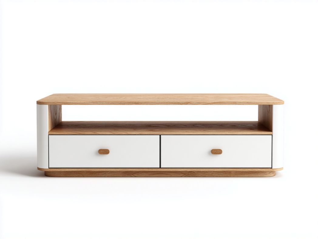 Meuble TV blanc et marron clair avec deux tiroirs