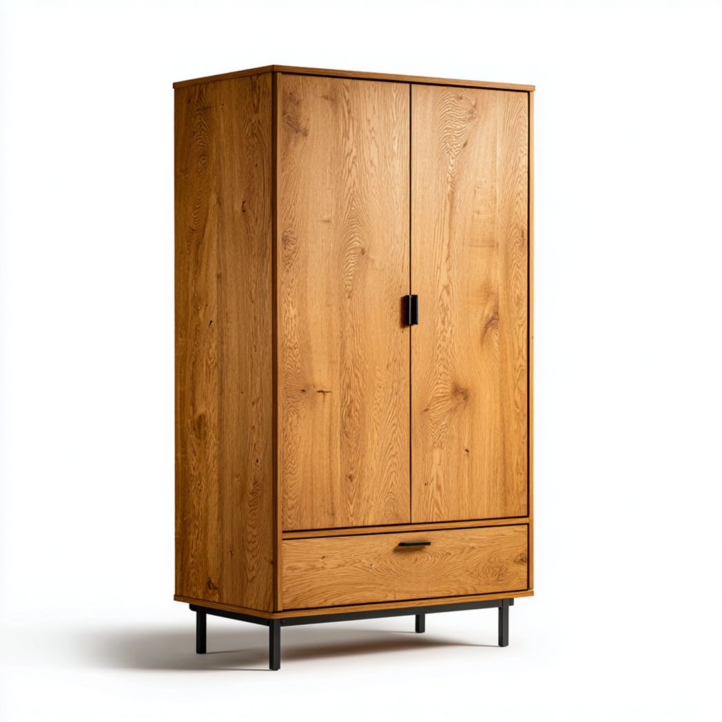 Armoire à deux portes en MDF marron avec pieds et poignées en métal noir