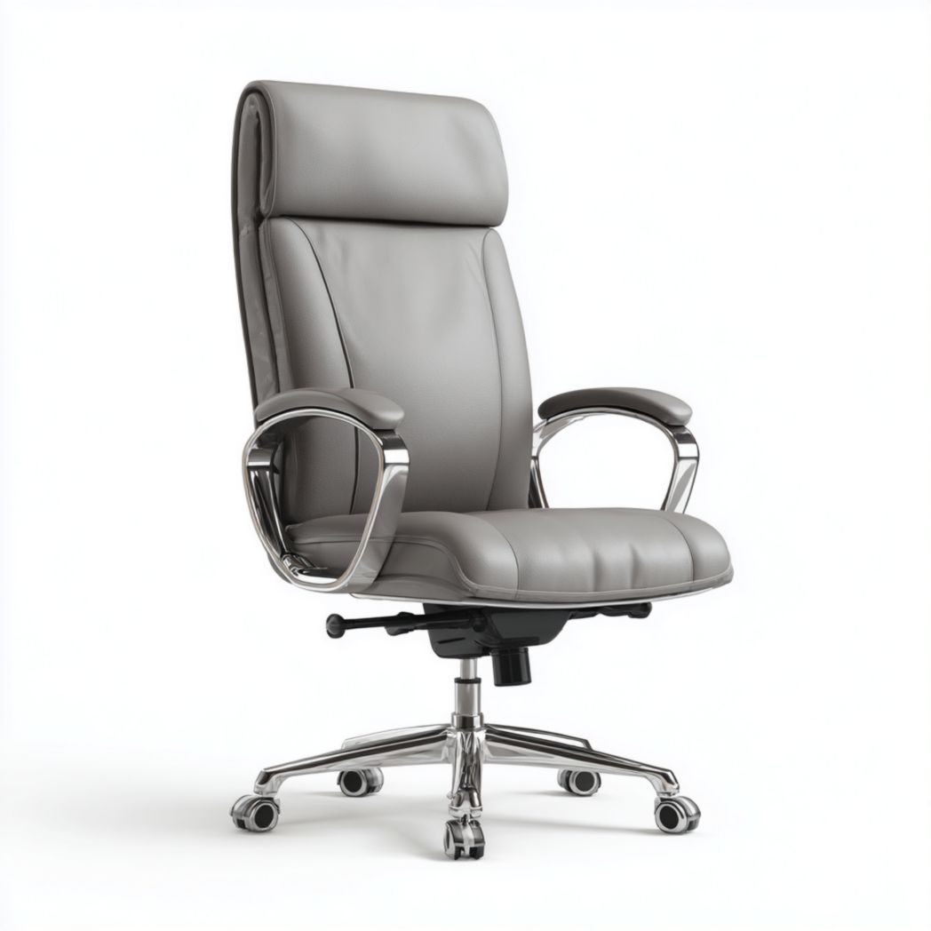 Chaise de bureau pivotante en cuir gris avec base en métal argenté