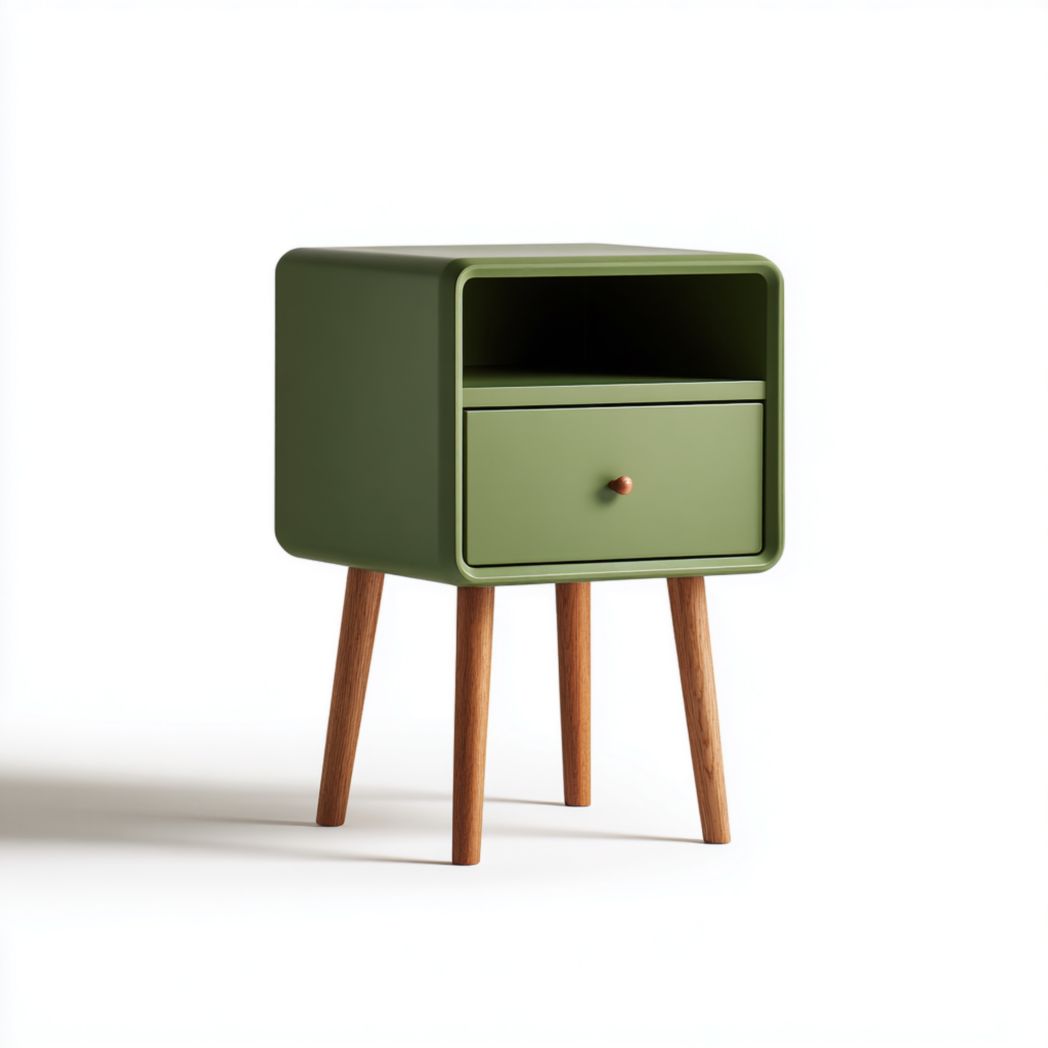 Table de chevet verte avec tiroirs et pieds cylindriques marron clair