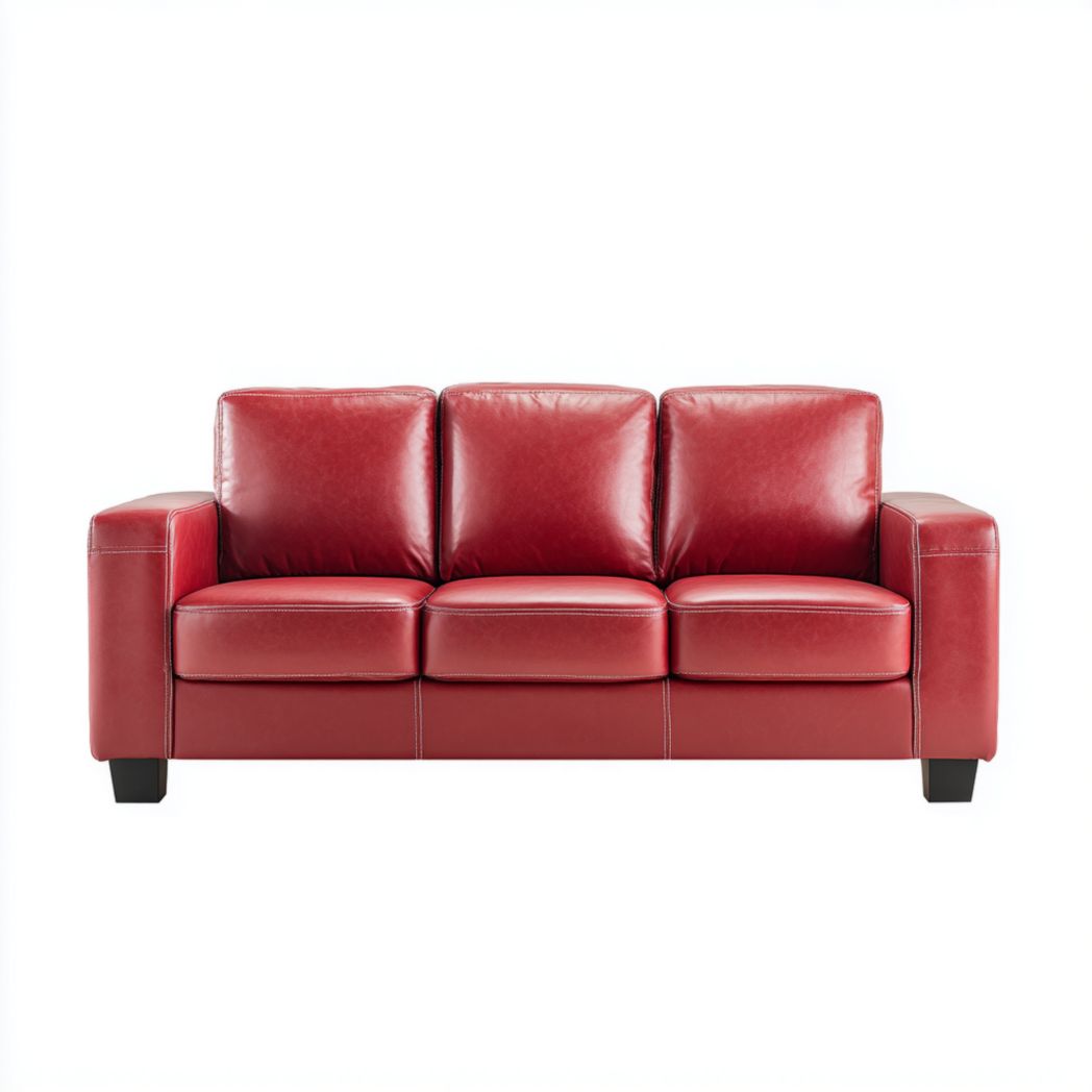 Canapé trois places en cuir synthétique rouge avec pieds en bois marron foncé