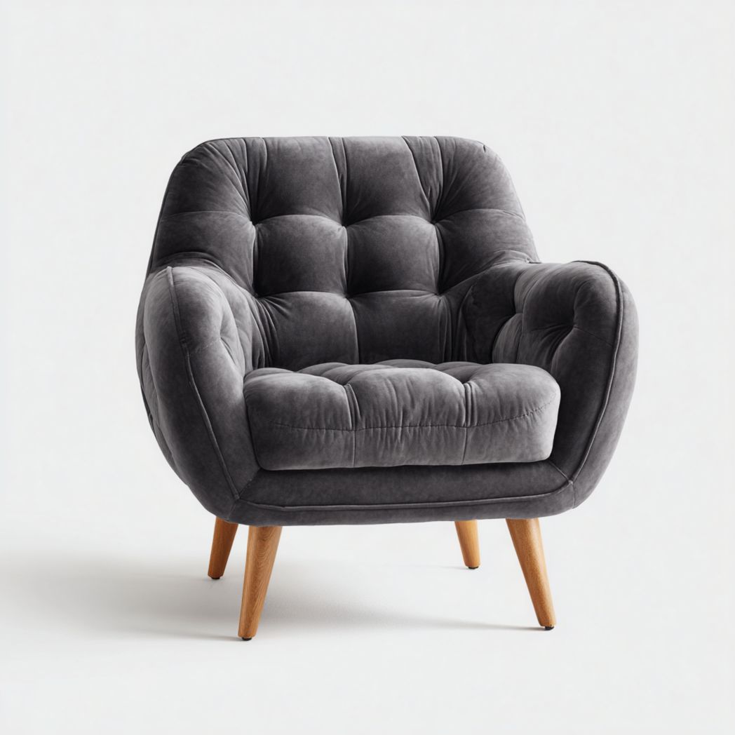 Fauteuil en tissu velours gris foncé avec pieds en bois massif