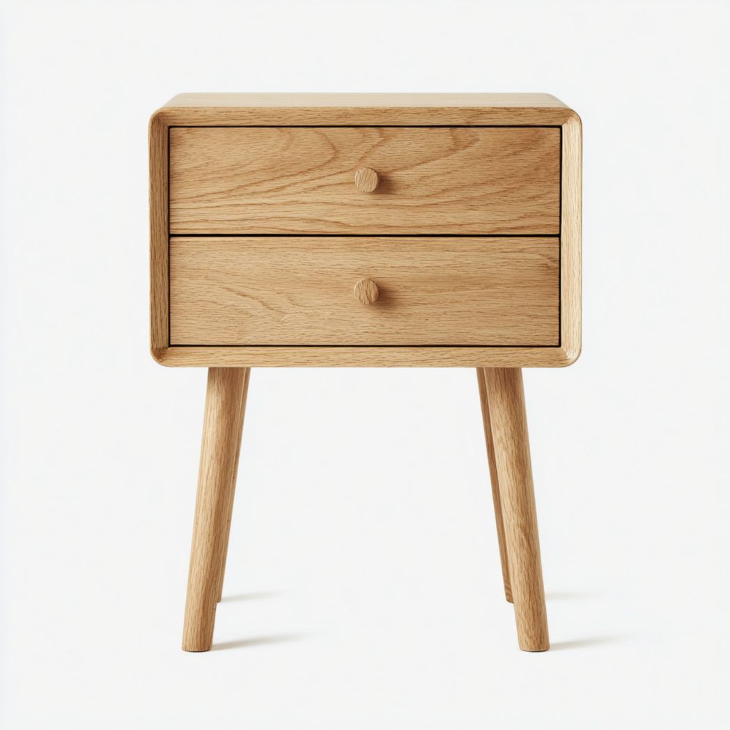 Table de chevet en bois marron clair avec deux tiroirs et pieds cylindriques