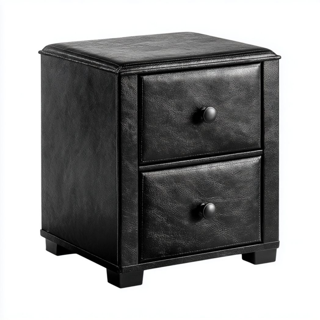 Table de chevet en cuir noir avec deux tiroirs et poignées assorties