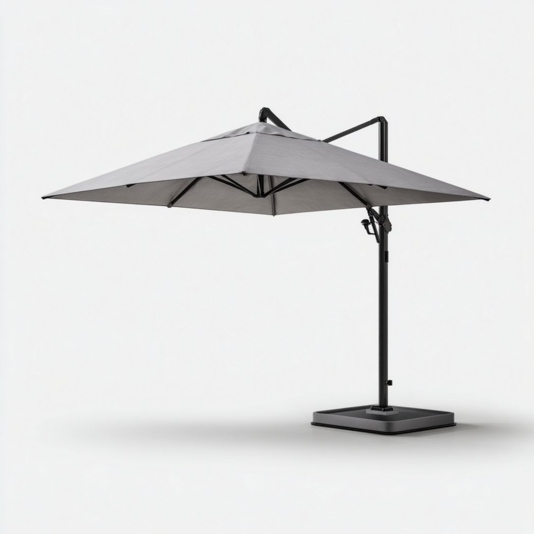Parasol suspendu gris avec structure et base en métal noir
