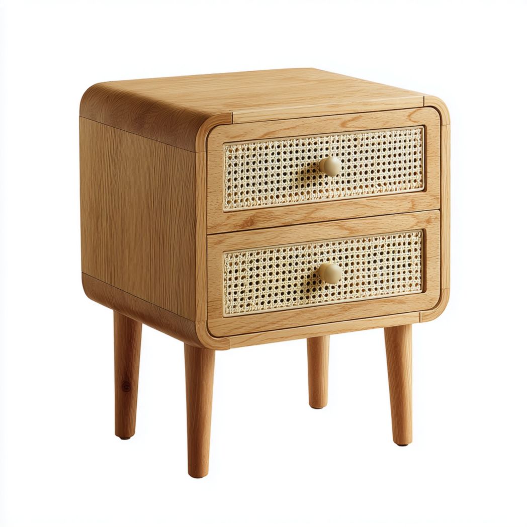Table de chevet en bois marron clair et rotin avec deux tiroirs ronds