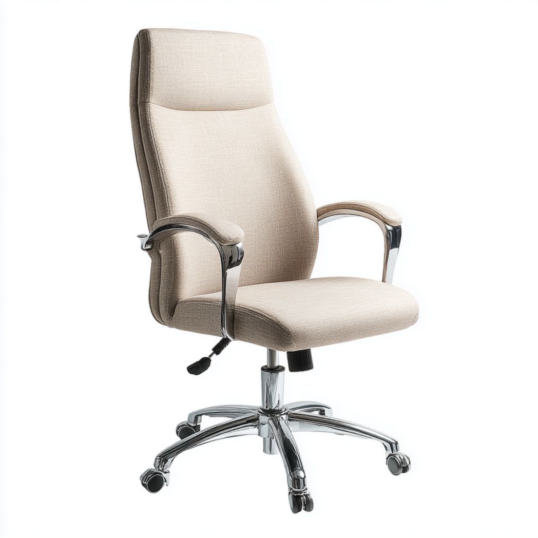 Chaise de bureau pivotante en tissu beige avec base en métal argenté