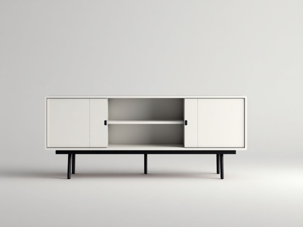 Meuble TV blanc avec portes coulissantes et étagère centrale ouverte