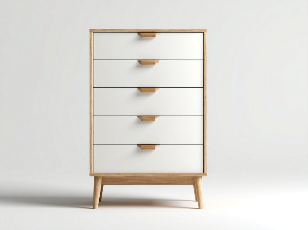 Commode à cinq tiroirs en bois blanc et marron clair avec poignées et pieds en bois