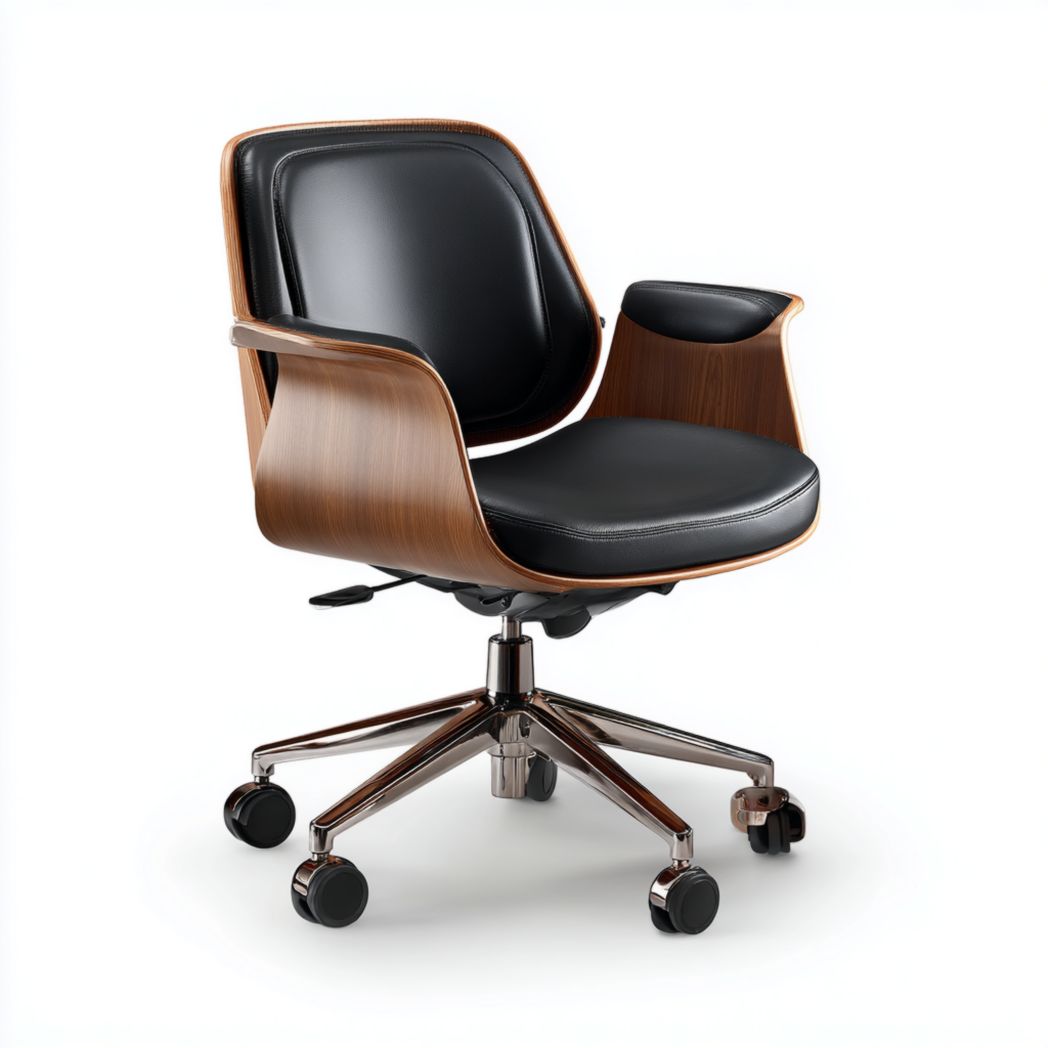 Chaise de bureau pivotante en cuir noir avec base en métal argenté