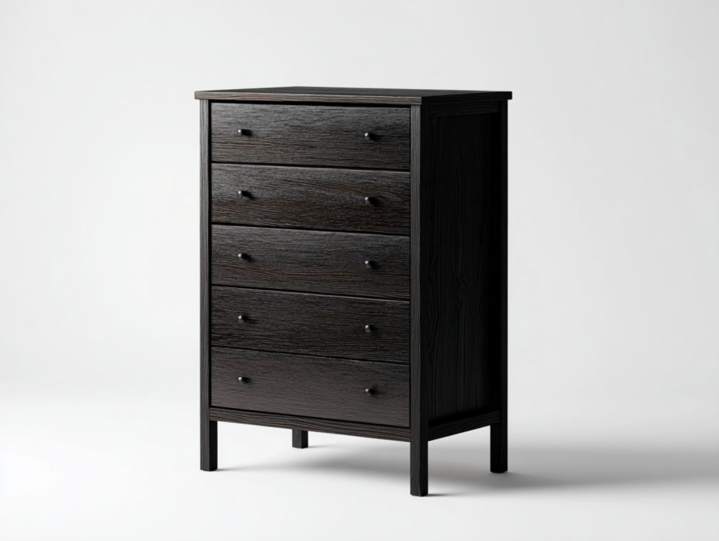 Commode en bois noir avec cinq tiroirs et poignées en métal noir